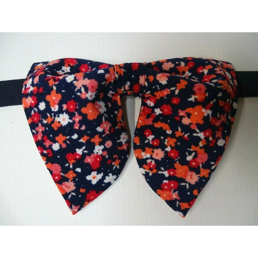 Oversized Navy/Pink Floral Bow tie Vintage style 70s Wedding Prom‎ Gift for Him